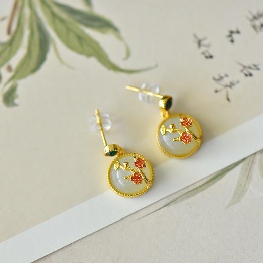 【预售3天】宫廷复古风和田玉耳饰纯银玉石耳环珐琅梅花白玉耳钉2754-2T 商品图3