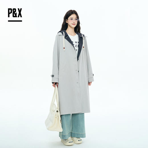P&X设计师女装2025秋季休闲风潮流连帽长款风衣825319181 浅灰 商品图0