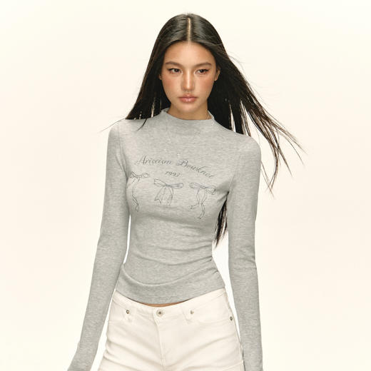 Ariseism 美式复古设计感半高领蝴蝶结长袖t恤女秋季新款修身上衣 商品图1