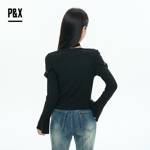 P&X设计师女装2025秋季方领荷叶边修身长袖短款T恤825302207 黑色 商品图4