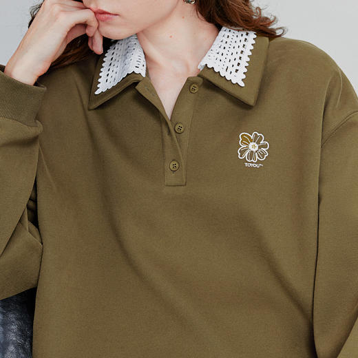 初语棉质撞色拼接双层领卫衣女宽松绿绒蒿刺绣上衣 商品图3