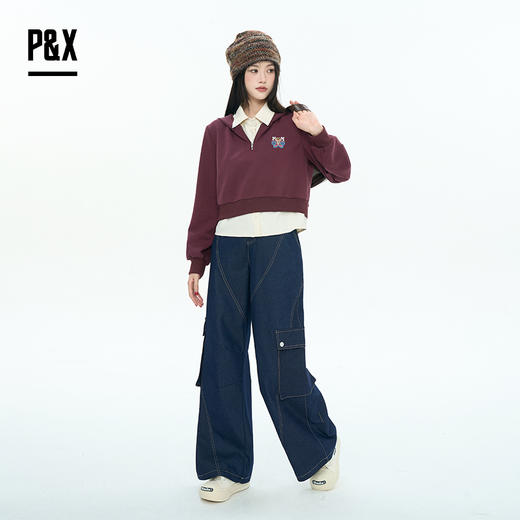 P&X设计师女装2025秋季休闲风女学院风短款卫衣825317140 紫/杏 商品图2