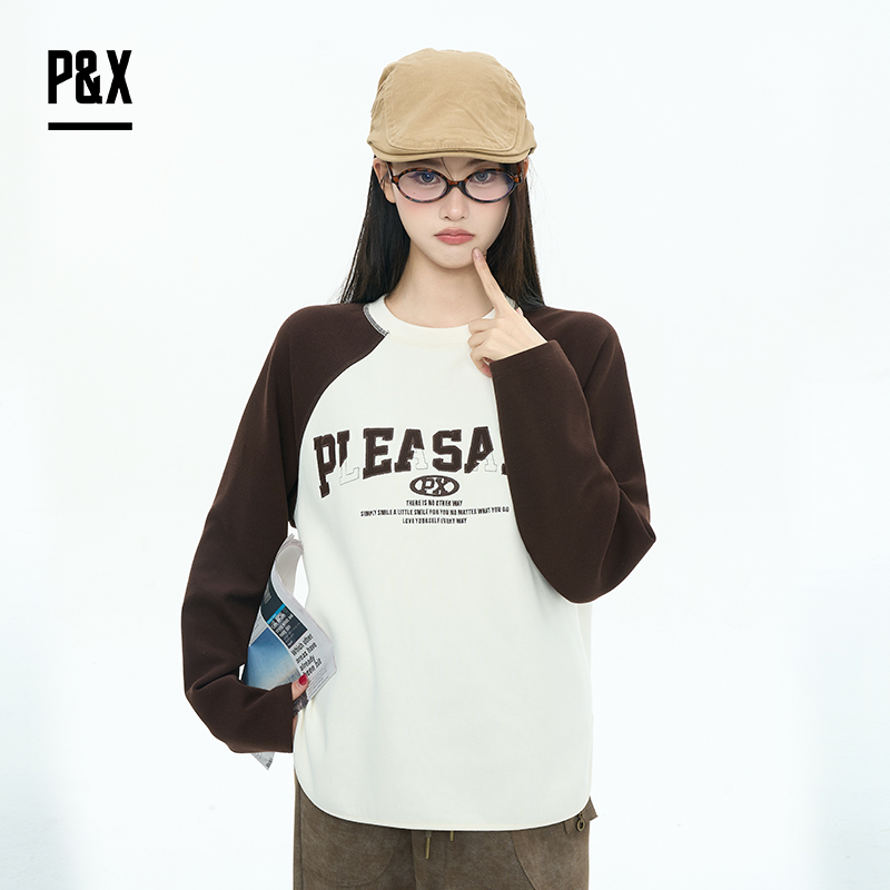 P&X设计师女装2025秋季宽松字母插肩袖长袖T恤825302204 杏/咖