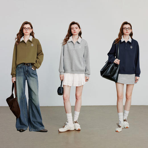 初语棉质撞色拼接双层领卫衣女宽松绿绒蒿刺绣上衣 商品图4