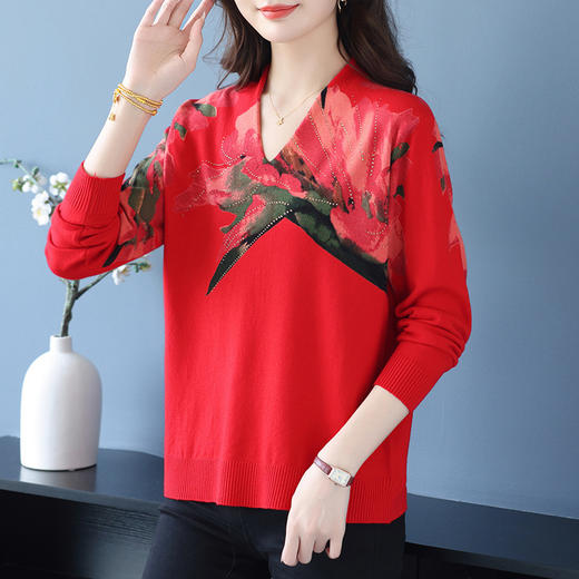 48-8517-138中老年妈妈冬装印花打底衫时髦大码鸡心领毛衣女秋冬内搭针织衫潮 商品图1