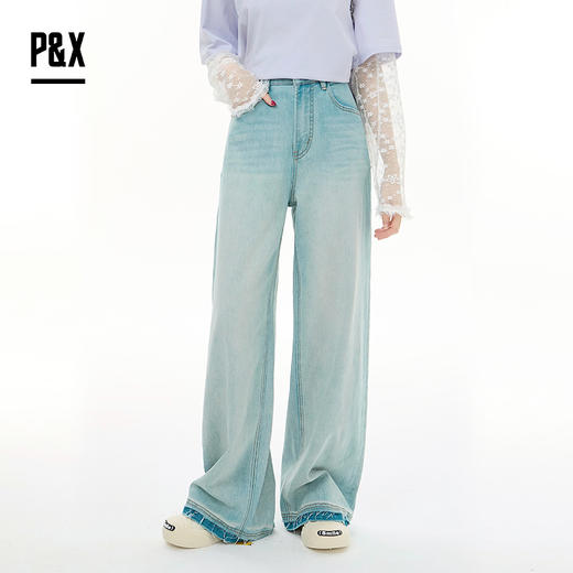 P&X设计师女装2025秋季学院风阔腿裤宽松牛仔长裤825310261 蓝色 商品图0
