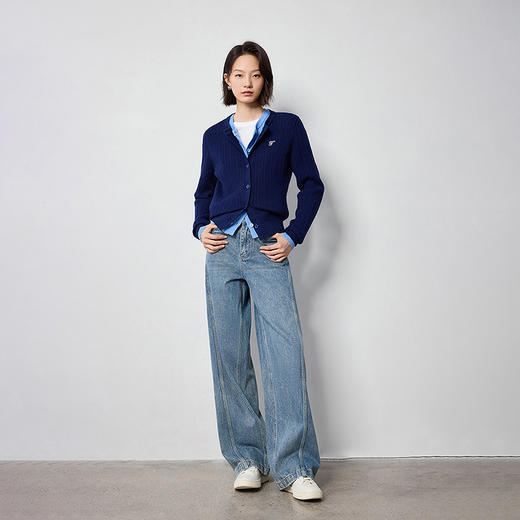 TOYOUTH初语慵懒设计感显瘦斜分割牛仔裤女阔腿裤8438004 商品图1