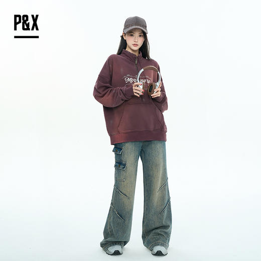 P&X设计师女装2025秋季长袖宽松卫衣翻领做旧字母 825317147 紫色 商品图3