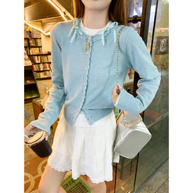 【149元任选2件】现货！韩系少女花边蝴蝶结蓝色针织开衫