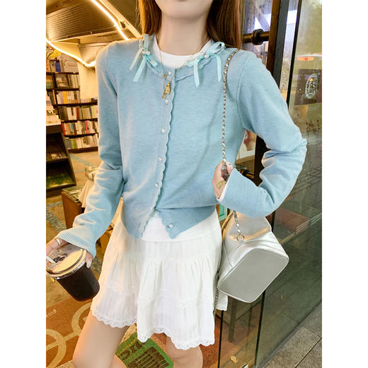 【149元任选2件】现货！韩系少女花边蝴蝶结蓝色针织开衫 商品图0
