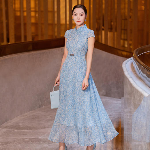 YBY 481H82新中式立领连衣裙气质端庄大气时尚印花大摆裙 商品图1