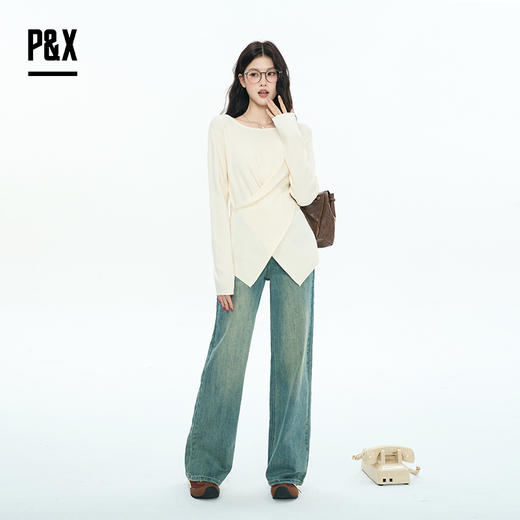 P&X设计师女装2025秋季圆领长袖百搭针织毛针织衫825331104 杏色 商品图1