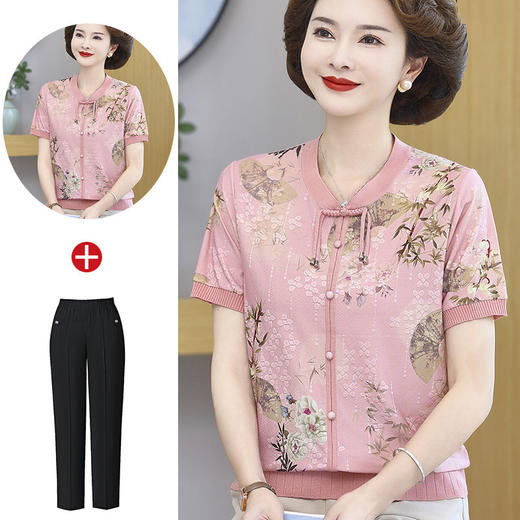 洋气妈妈夏装短袖上衣新中式冰丝时尚T恤中老年女国风小衫两件套 商品图9