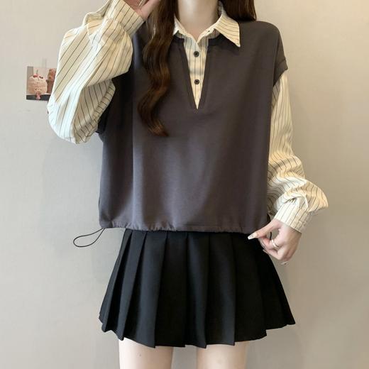 【大码胖mm假两件短款衬衫】春秋新款 设计感卫衣外套高气质上衣  商品图1