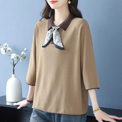 丝巾翻领上衣女春秋薄款打底衫漂亮气质减龄针织衫2025秋季妈妈装 商品图1
