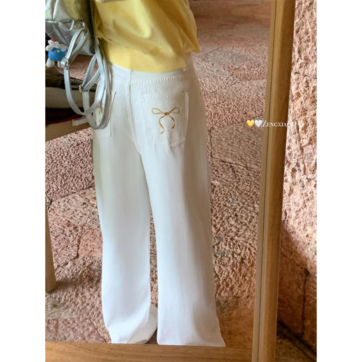 <曾小咸推荐>韩系高腰蝴蝶结刺绣直筒牛仔长裤！ 商品图0