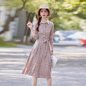 HR SYY2513法式碎花衬衫连衣裙高腰显瘦翻领印花中长款裙