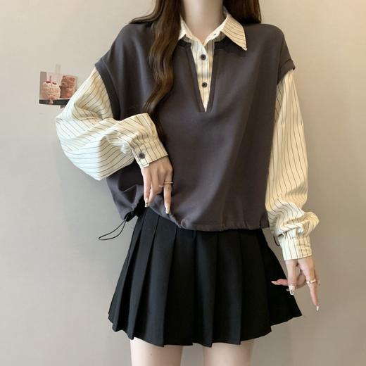 【大码胖mm假两件短款衬衫】春秋新款 设计感卫衣外套高气质上衣  商品图2