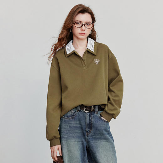 初语棉质撞色拼接双层领卫衣女宽松绿绒蒿刺绣上衣 商品图1
