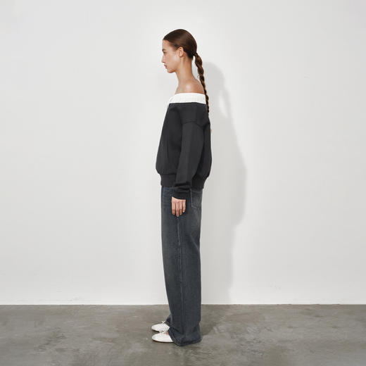 NUTH拼接撞色宽松一字领露肩卫衣 深灰色 商品图4