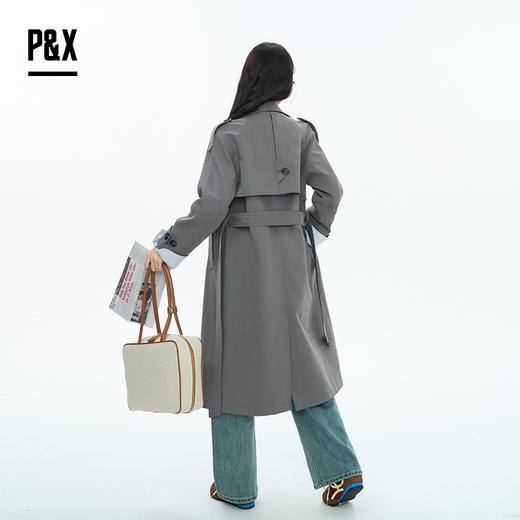 P&X设计师女装2025秋季韩版收腰双排扣长款风衣825319179 灰色 商品图4