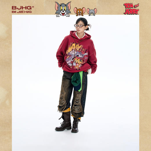 【猫和老鼠联名】BJHG不计后果连帽卫衣男款秋复古做旧情侣上衣女 商品图3