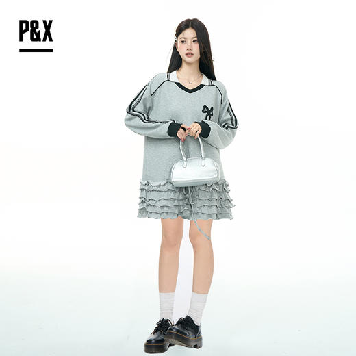 P&X设计师女装2025秋季长袖拼接V领针织连衣短裙825317143 灰色 商品图1