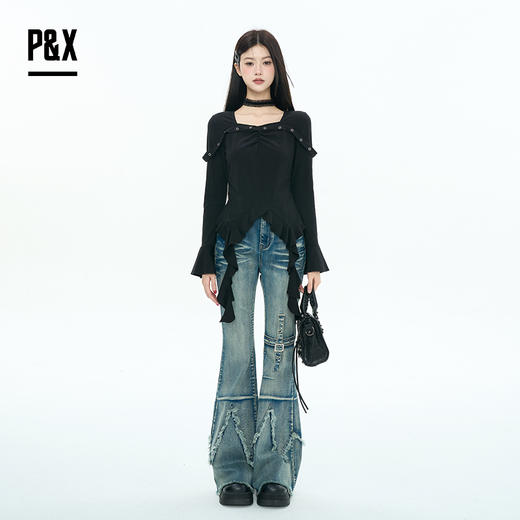 P&X设计师女装2025秋季方领荷叶边修身长袖短款T恤825302207 黑色 商品图2