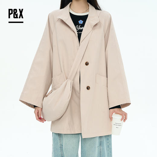 P&X设计师女装2025秋季工装宽松欧美风中长款风衣825319175 浅粉 商品图3