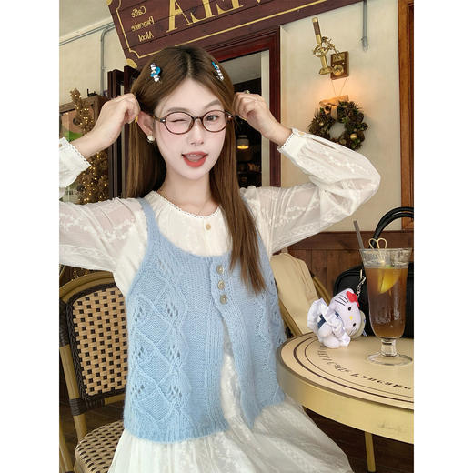 <曾小咸推荐>韩系叠穿蓝色毛织背心连衣裙套装！ 商品图0