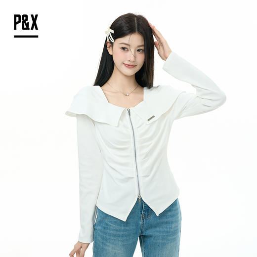 P&X设计师女装2025秋季短款T恤打底翻领修身型长袖 825302209 白 商品图0