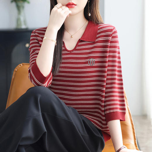 E-6500春秋七分袖妈妈装v领条纹针织衫女2025秋季新款洋气T恤中年上衣潮 商品图1