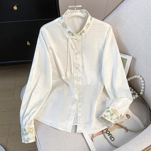 HQG1363#高档提花新中式复古立领绣花长袖衬衫春装新款衬衣女上衣 商品图0