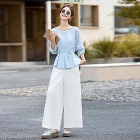 通勤风时尚套装女2025早秋新款气质休闲宽松圆领上衣阔腿裤两件套LYSX2580
