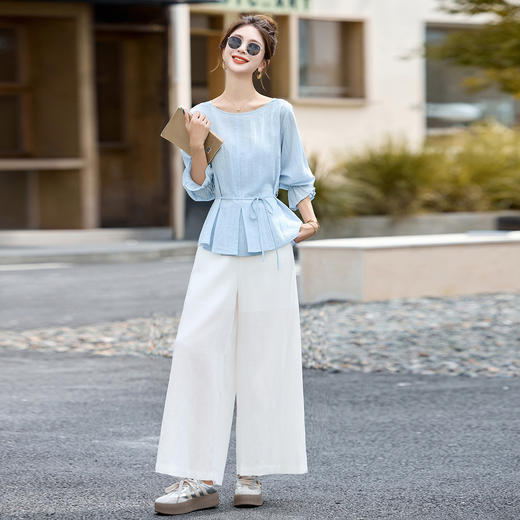通勤风时尚套装女2025早秋新款气质休闲宽松圆领上衣阔腿裤两件套LYSX2580 商品图0