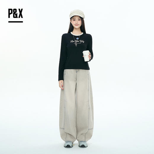 P&X设计师女装2025秋季长袖圆领百搭T恤修身打底衫825302206 黑色 商品图2
