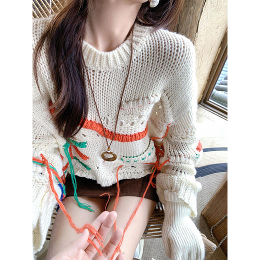 【179元任选2件】现货！韩系氛围感撞色流苏毛衣圆领 商品图0