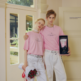 圆领粉色高克重纯棉烫钻T恤