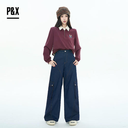 P&X设计师女装2025秋季高街工装口袋牛仔长裤印染825310246 蓝色 商品图2