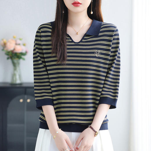 E-6500春秋七分袖妈妈装v领条纹针织衫女2025秋季新款洋气T恤中年上衣潮 商品图0