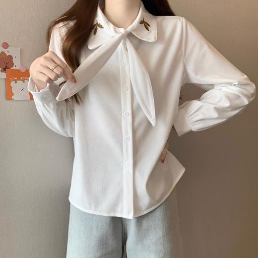 【百搭刺绣系带法式长袖衬衫】秋季新款 设计感胖mm遮肚上衣藏肉 商品图3