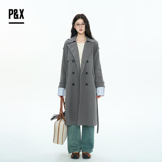 P&X设计师女装2025秋季韩版收腰双排扣长款风衣825319179 灰色 商品图0