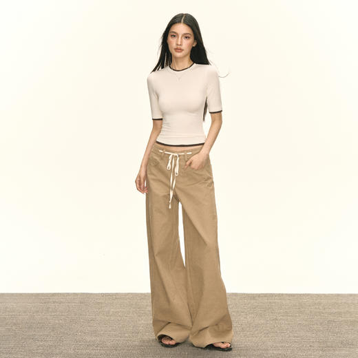 Ariseism 美式复古设计感绑绳卡其色阔腿休闲裤女秋季新款长裤子 商品图4