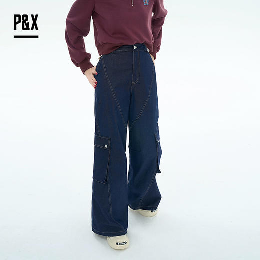 P&X设计师女装2025秋季高街工装口袋牛仔长裤印染825310246 蓝色 商品图3