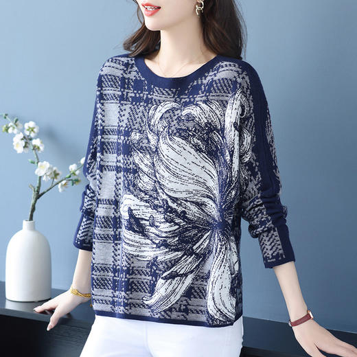 中年女士短款印花毛衣2025新款秋冬打底衫减龄妈妈针织衫秋季上衣 商品图0