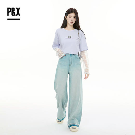 P&X设计师女装2025秋季学院风阔腿裤宽松牛仔长裤825310261 蓝色 商品图1