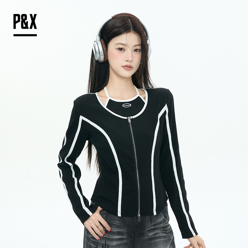 P&X设计师女装2025秋季街头风圆领短款T恤拼接825302208 黑色