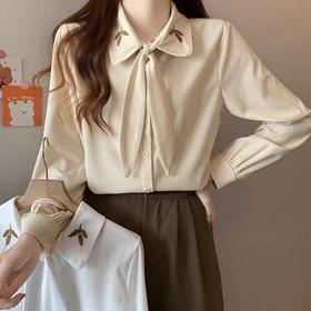 【百搭刺绣系带法式长袖衬衫】秋季新款 设计感胖mm遮肚上衣藏肉