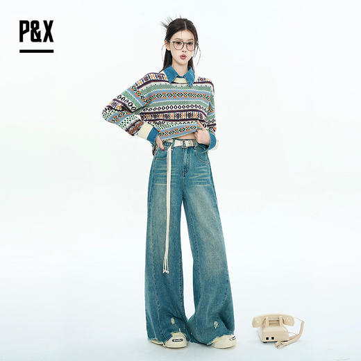 P&X设计师女装2025秋季高腰阔腿显瘦磨破牛仔长裤 825310244 蓝色 商品图2
