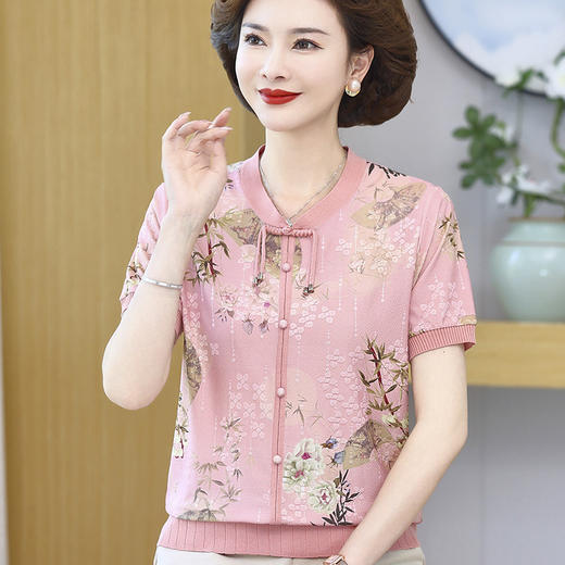 洋气妈妈夏装短袖上衣新中式冰丝时尚T恤中老年女国风小衫两件套 商品图1